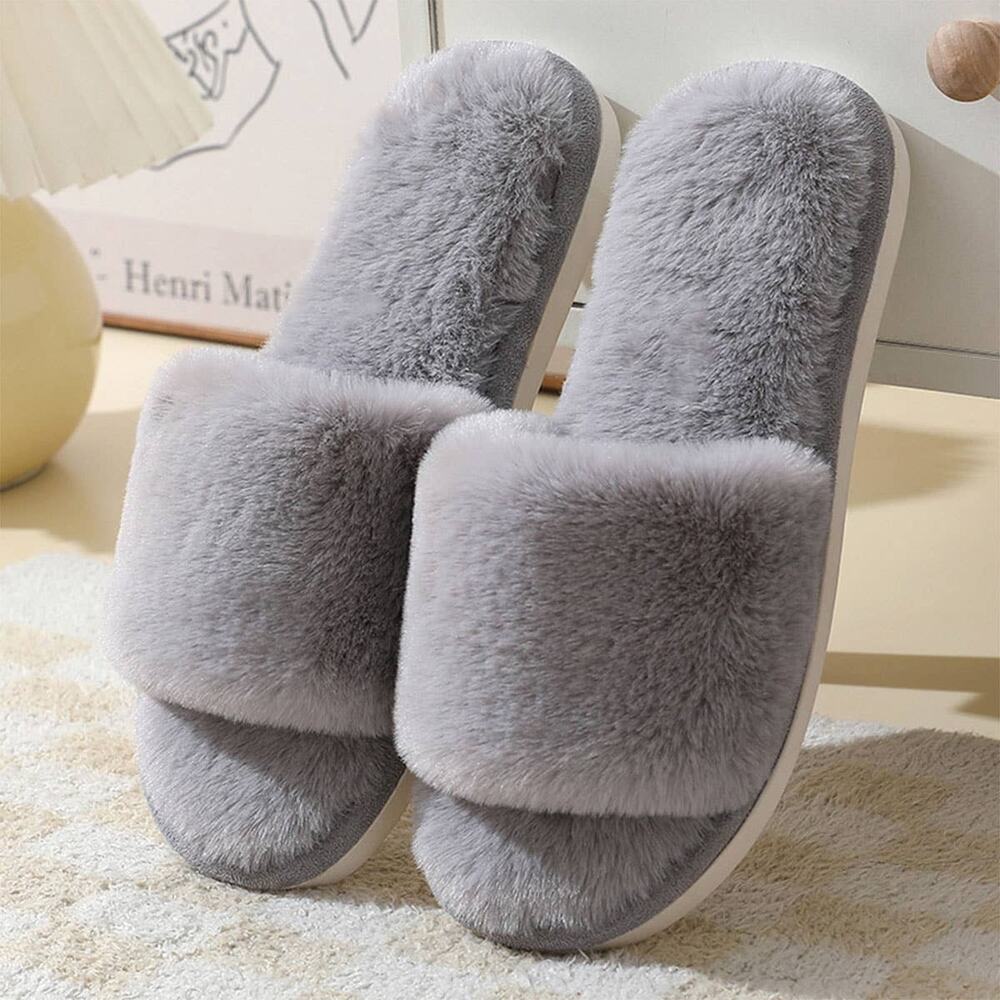 Faux Rabbit Fur Slippers For Women Gray color